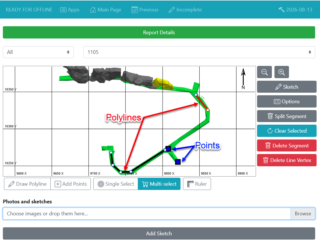 Levels view where users can add points and lines to georeference the inspection data