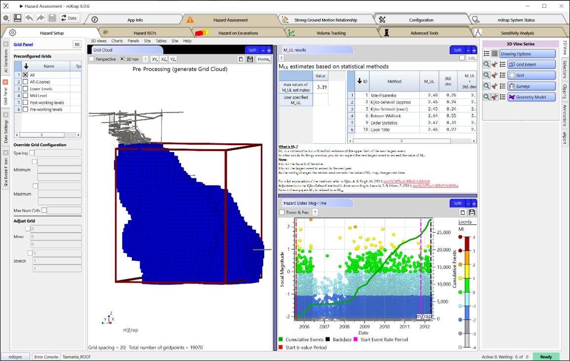 3D view showing hazard assessment grid with seismic events