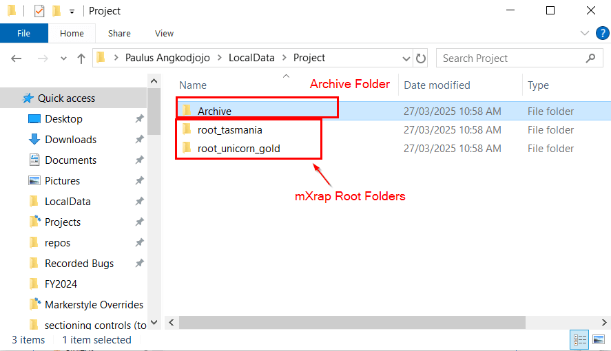 File explorer showing Archive folder created at the same level as the root folders