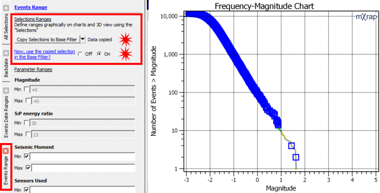 Events Ranges panel showing 'Copy selections to Base filter' button and selection filter toggle switch