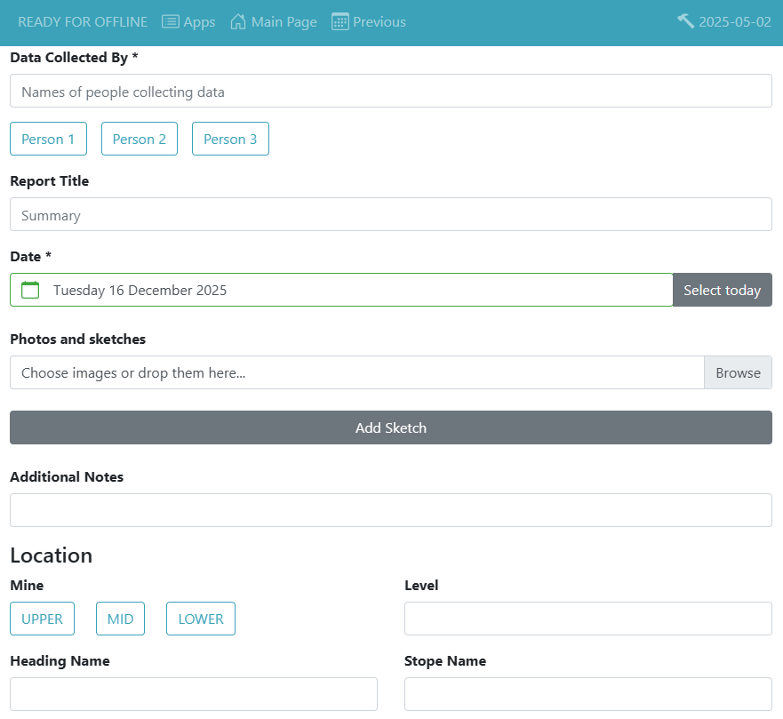 Example Inspections form ready for input